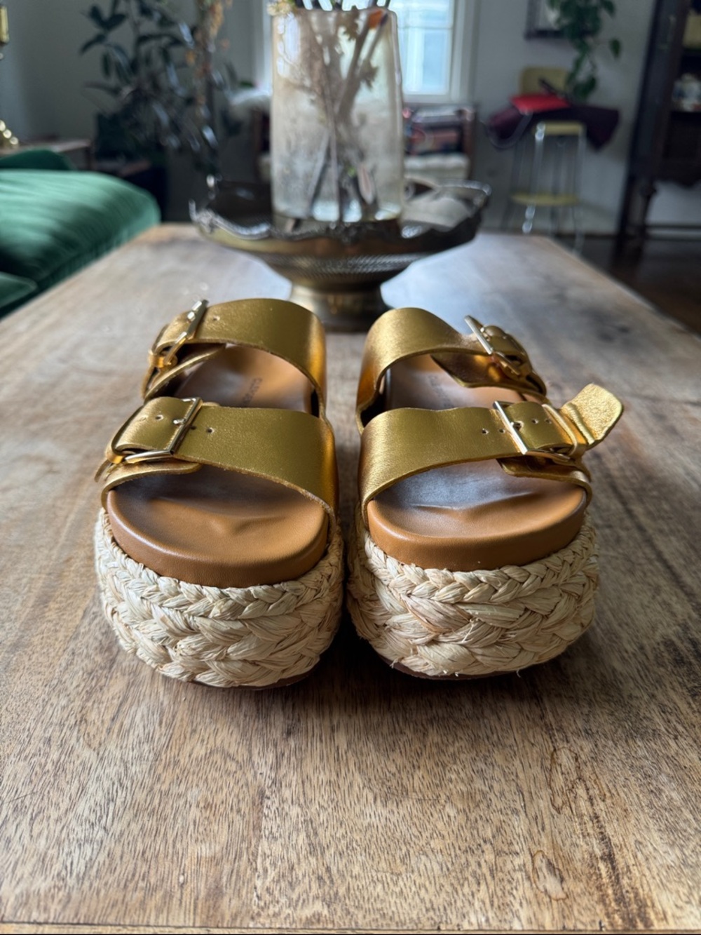 Clergerie Metallic Gold Braided Espadrille Platform Sandals